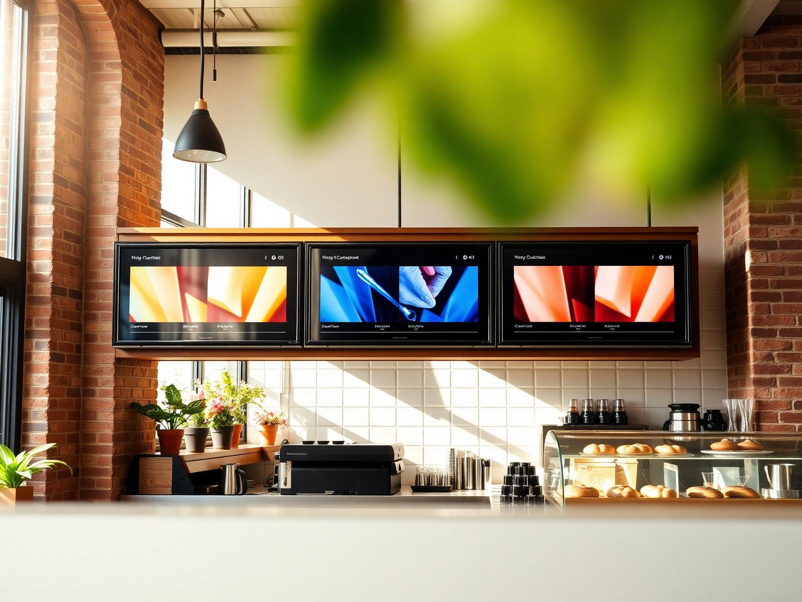 Café counter with three digital menu-board screens mounted above the espresso machines