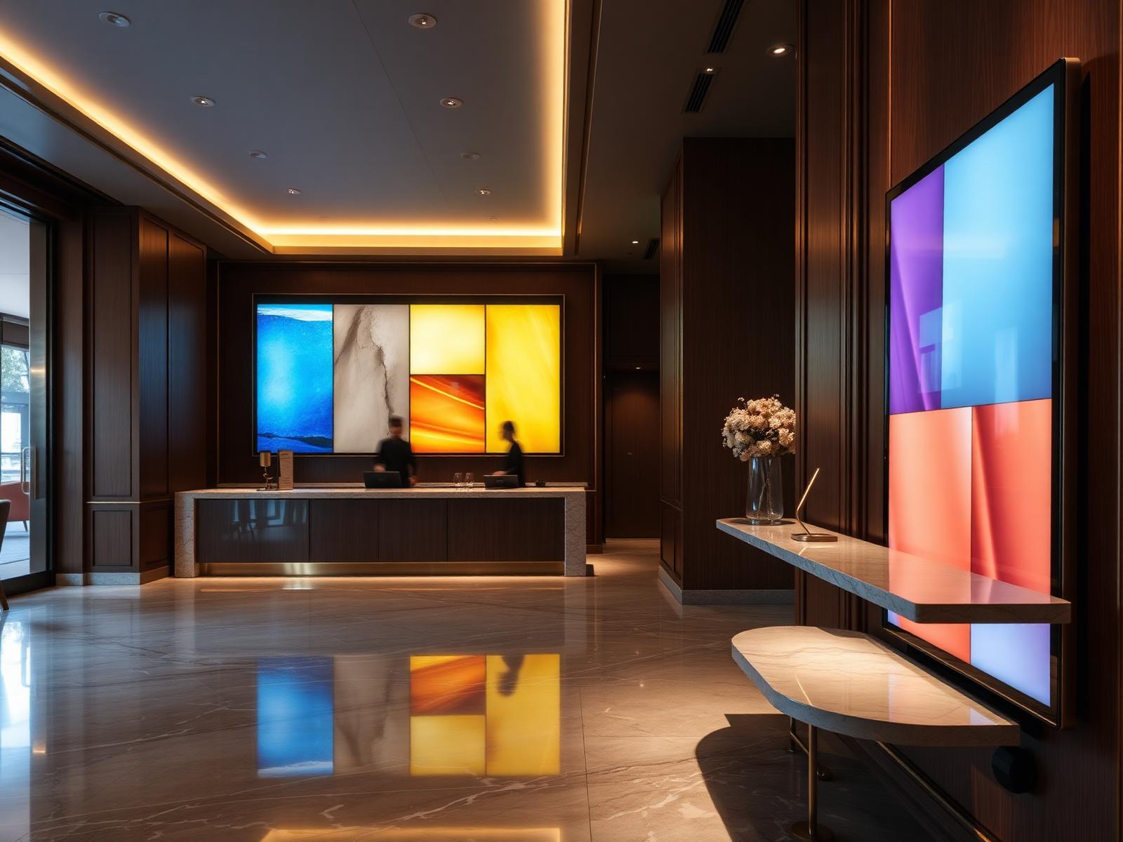 Hotel lobby with a large digital signage screen next to the reception desk