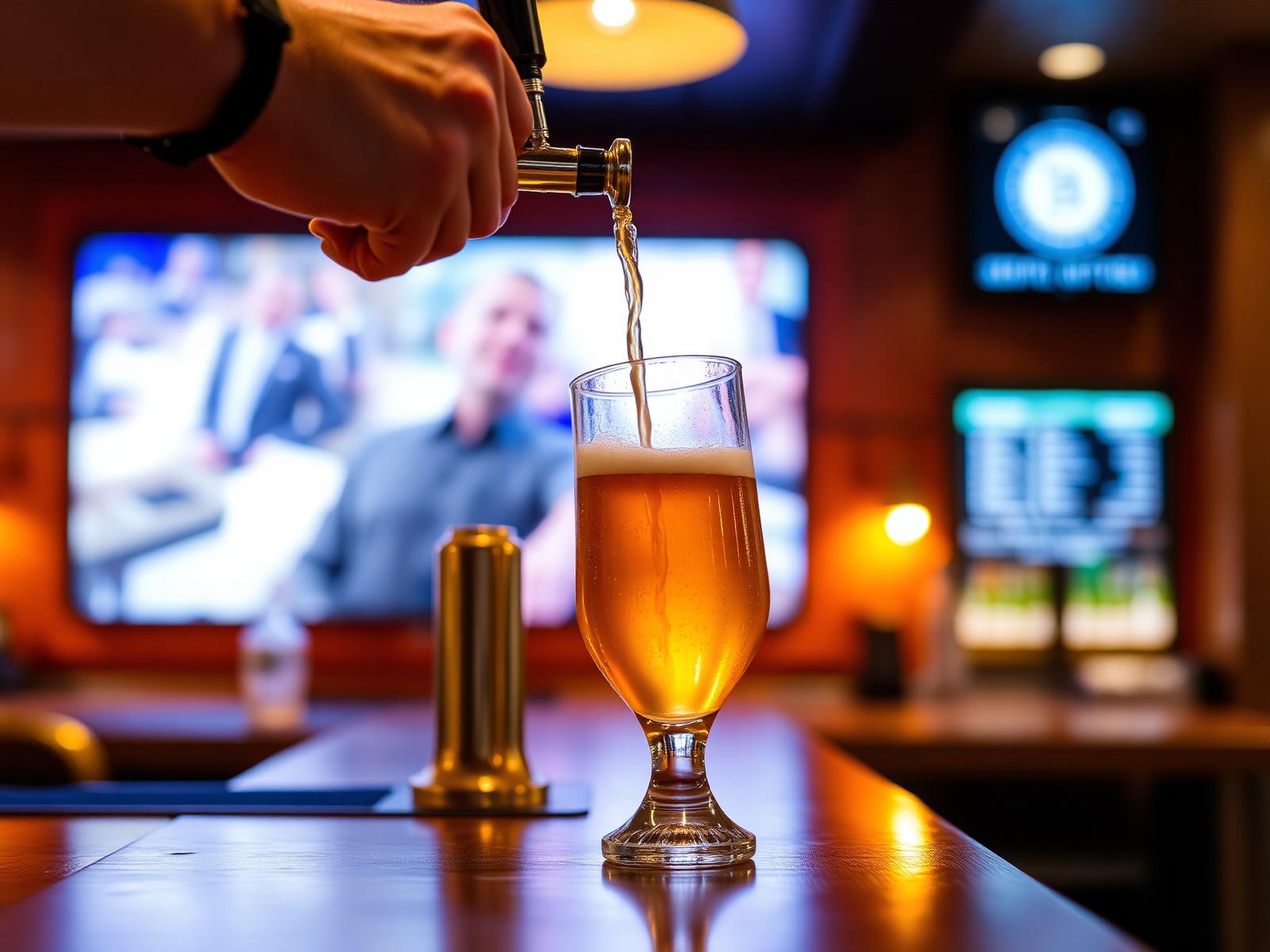 Bartender pouring a pint with a bar screen glowing softly in the background