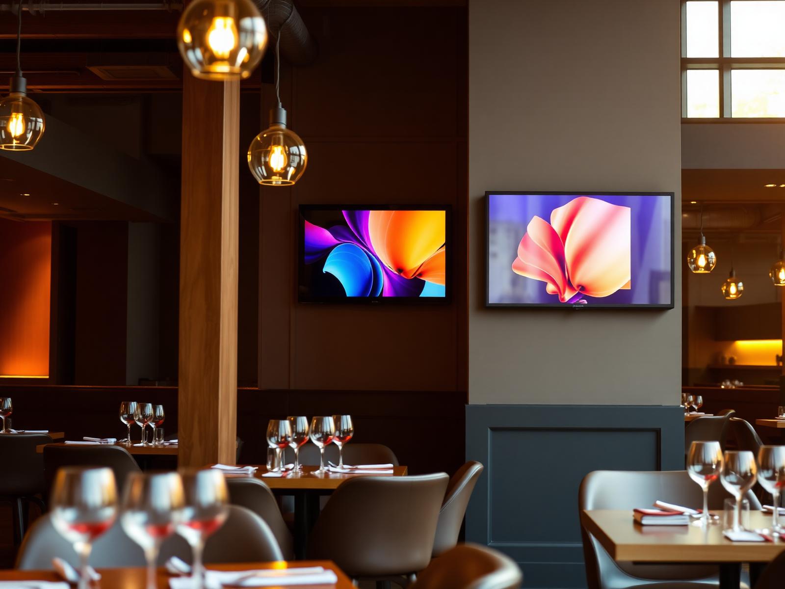 Restaurant dining room with a wall-mounted screen displaying a promotional card
