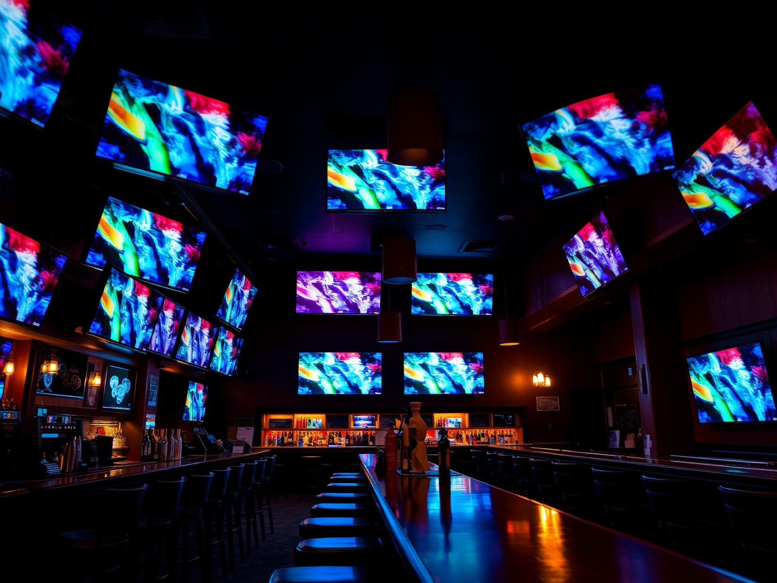 Sports bar with a wall of large screens visible from every seat